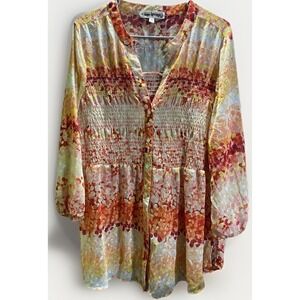 Hope Springs Long Sleeve Shirt Women XL Sheer  Multi-Color Boho Sunset Top Beach